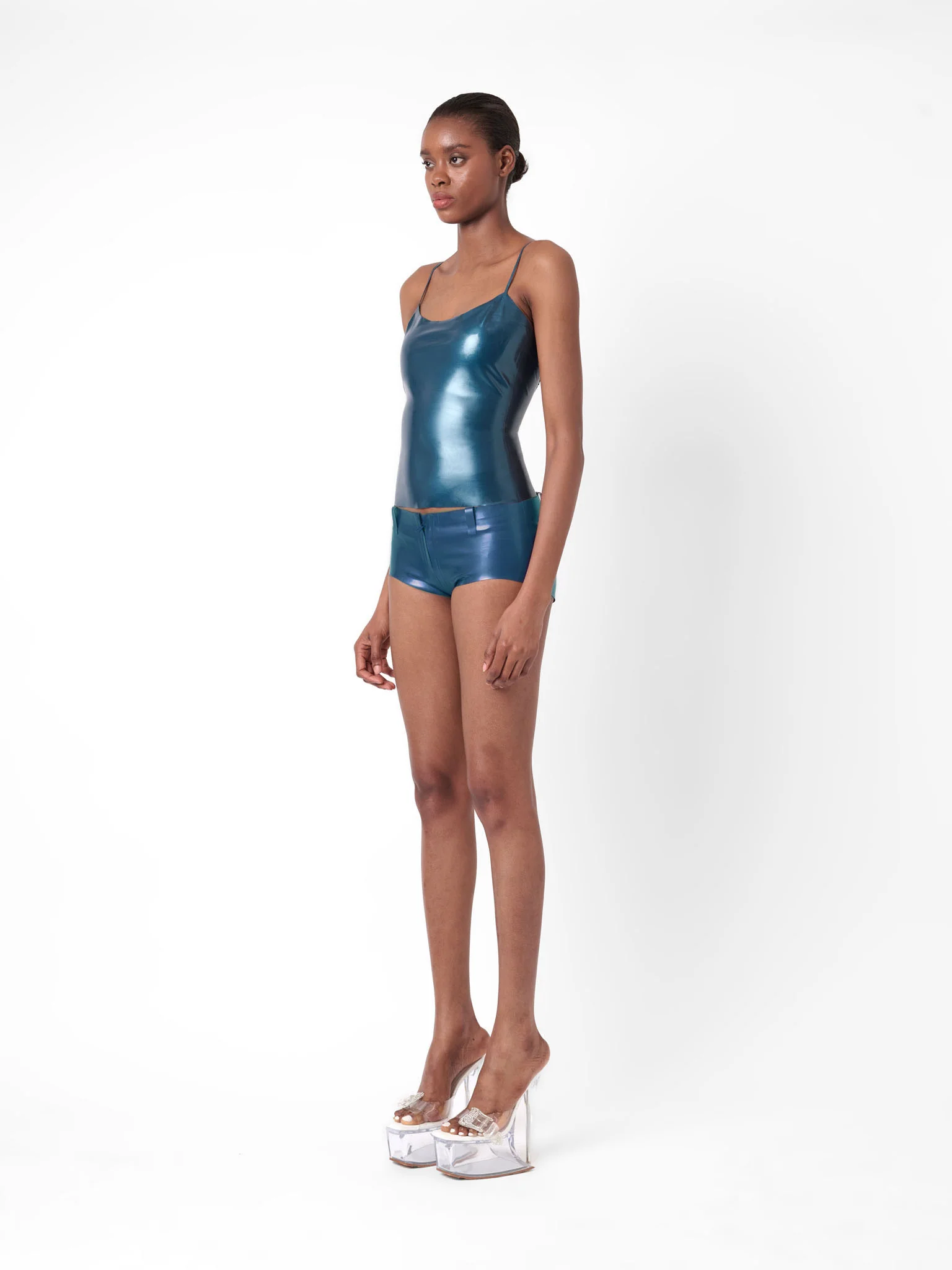 Agnes Latex Shorts Peacock Blue - Image 4