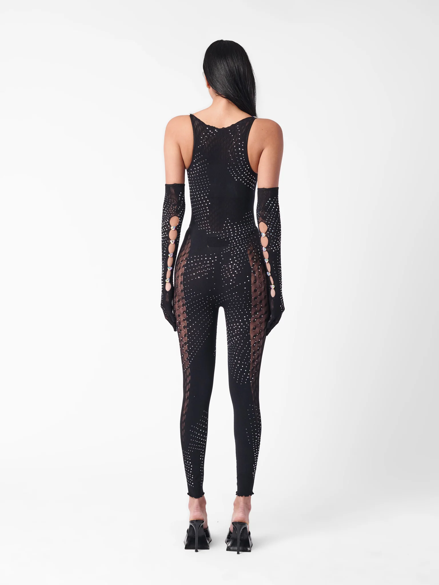Rhinestoned Janice Jumpsuit X Gloves Set Jet Black - Image 3