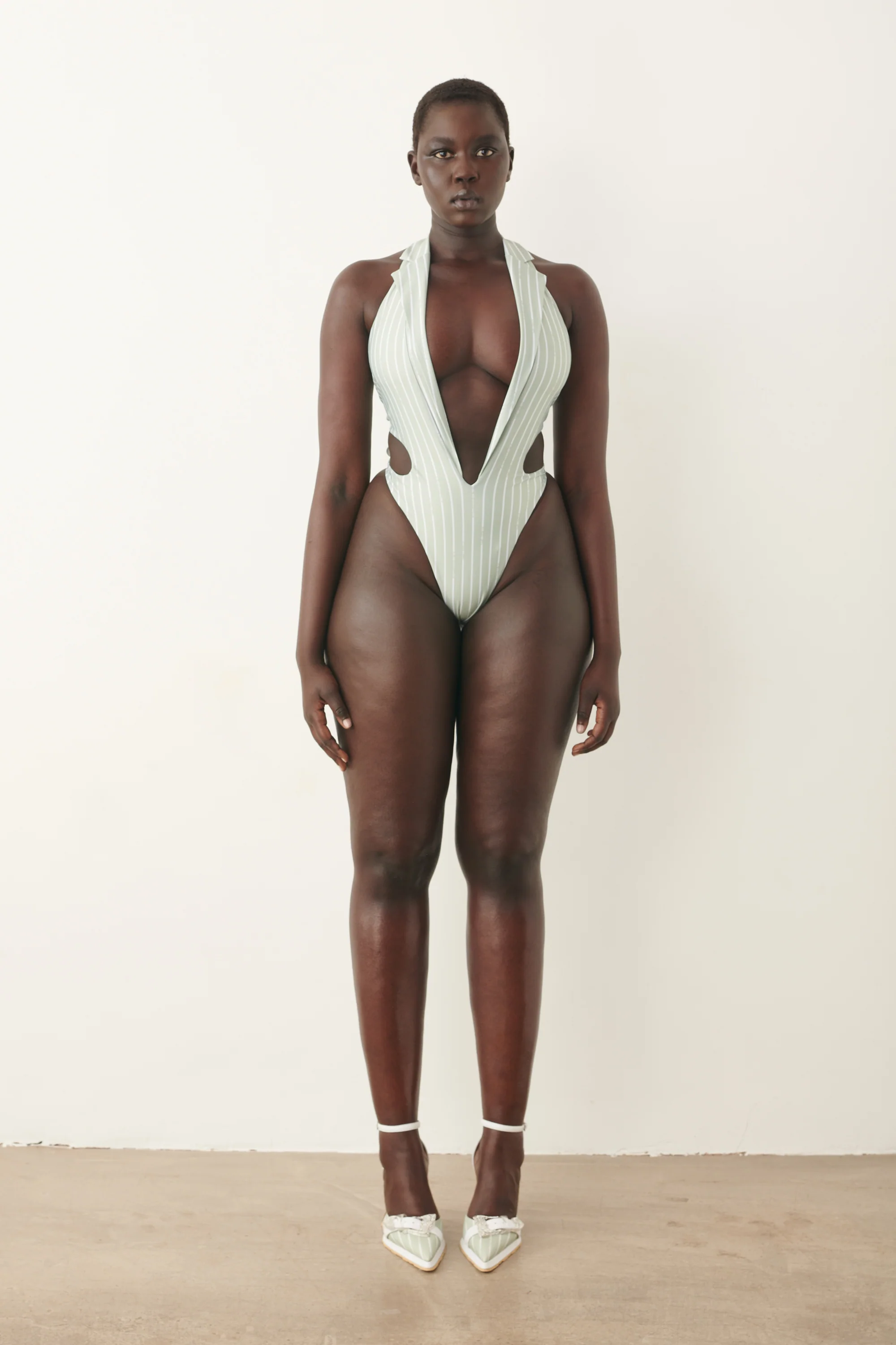 Portia Swimsuit Green/White Pinstripe
