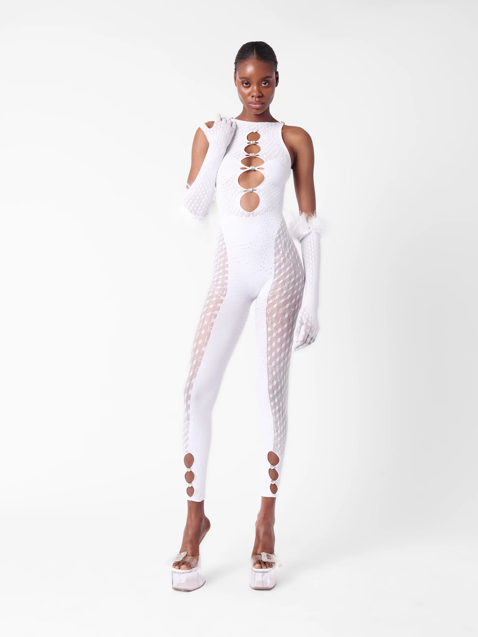 Rhinestoned Janice Jumpsuit X Gloves Set Optic White - Image 6