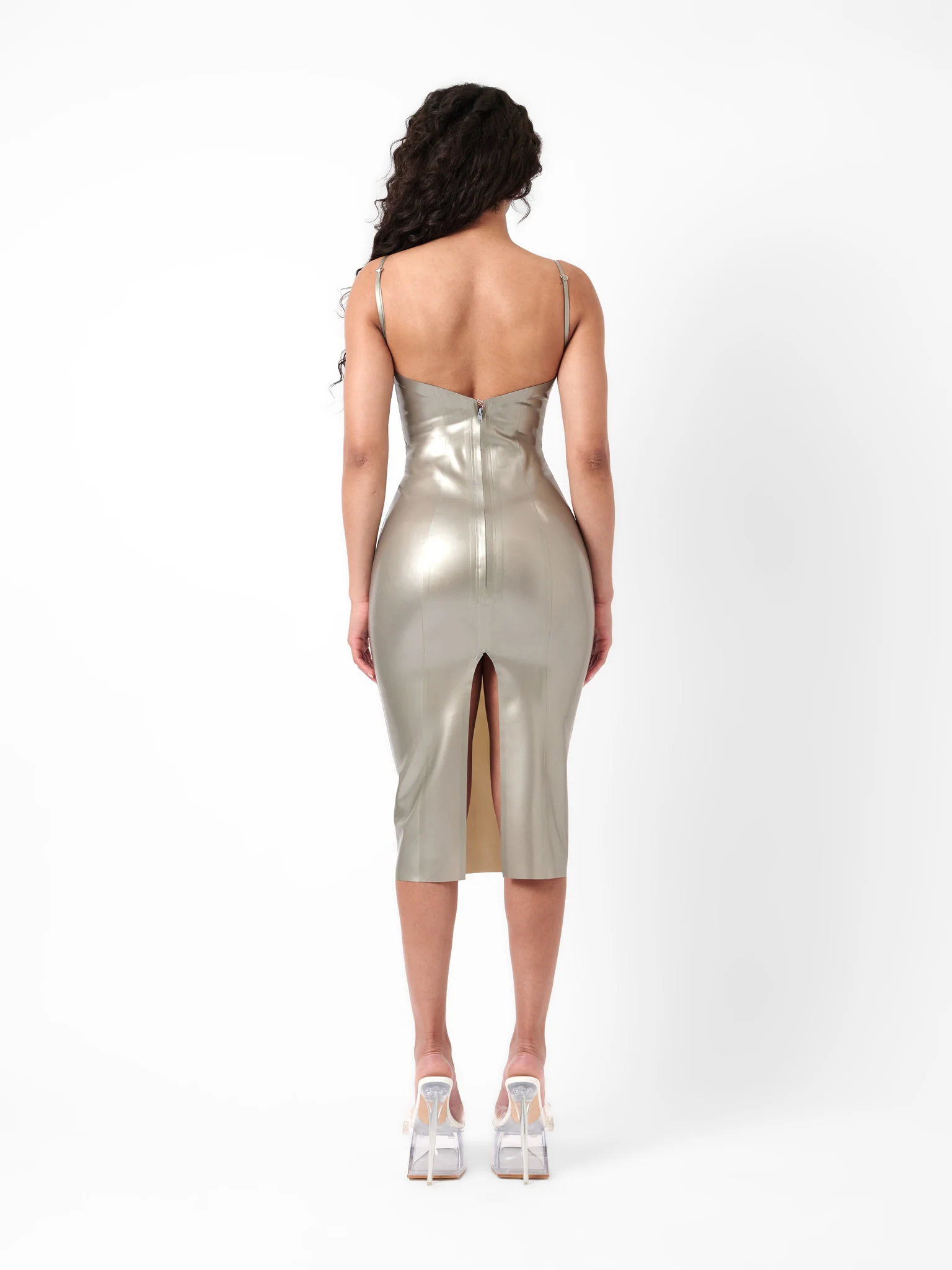 Whistle Latex Midi Dress Silver - Image 3